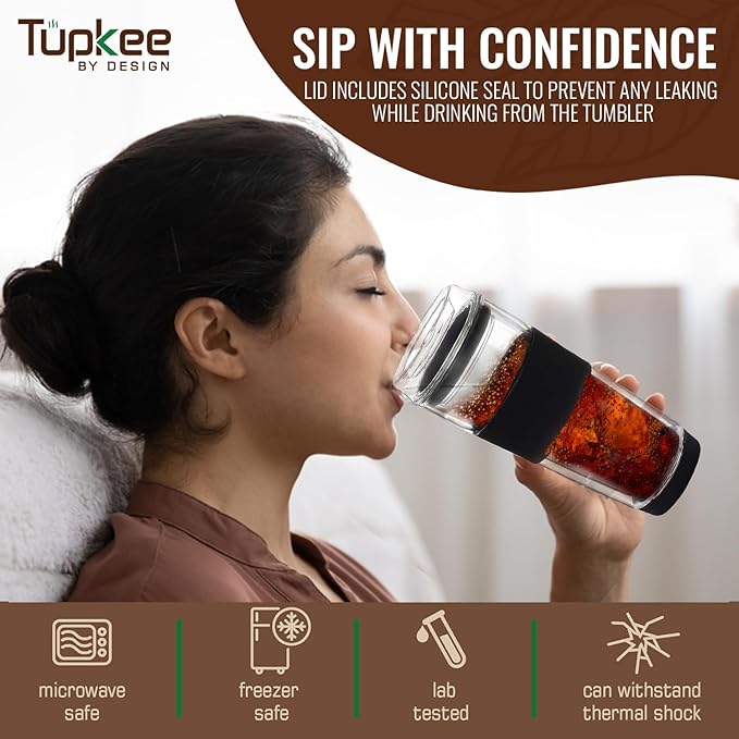 Tupkee Glass Sip Lid Black - Replacement Double Wall Glass Tumbler, 14oz & 8oz Hand Blown Travel Mug