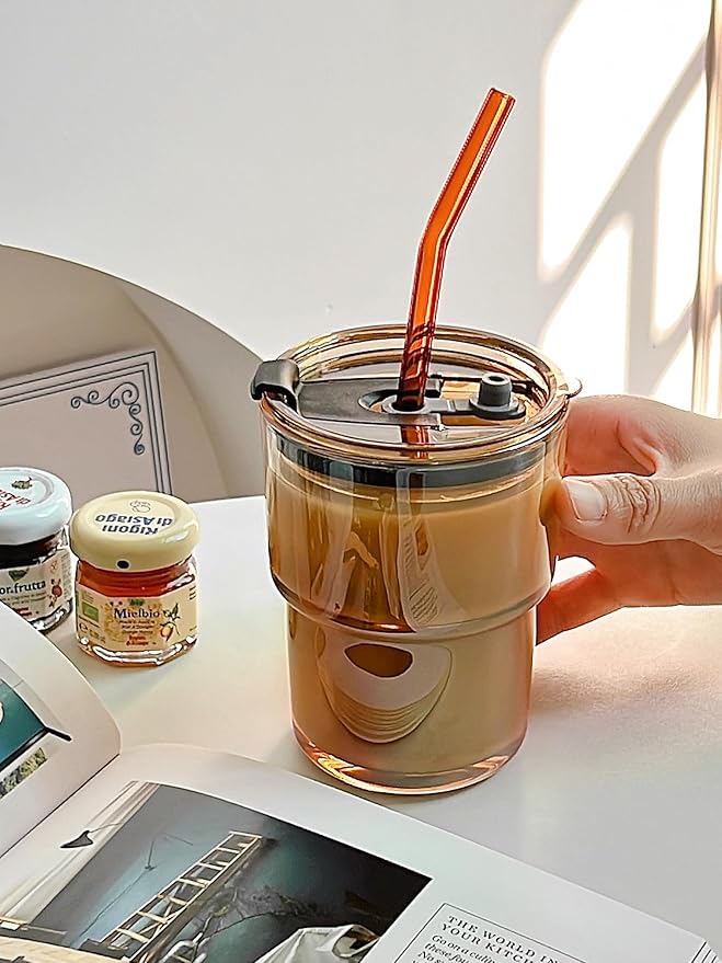 Olvini 13oz Glass Tumbler with Straw and Lid, Reusable Iced Coffee Cup Tumbler, Cute Glass Cups for Water, Matcha, Travel Coffee Mugs (Amber - 13oz)
