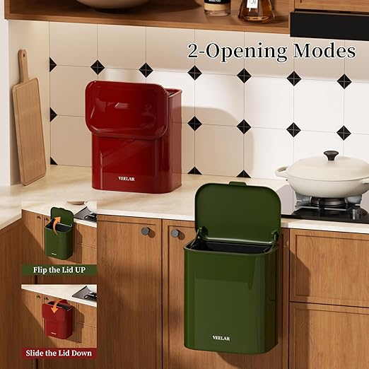 Hanging Stainless Steel Trash Can, 1.6 Gallon /6L Small Compost Bin for Kitchen Cabinet, Bathroom and Office (Green)