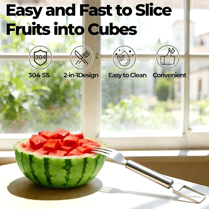 2-in-1 Stainless Steel Fruit Cutter, 2026 New Upgrade Dual Head Watermelon Fork Slicer Cutter Tool, Summer Watermelon Fruit Cutting Home Kitchen Gadgets (1PCS)