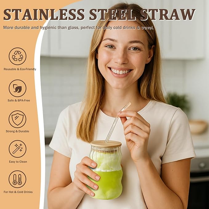 6 Packs Cute Glass Tumbler with Lid and Straw 16 oz Cute Ice Coffee Cup Set Bulk Vasos de Vidrio Con Tazas Para Cafe Cocina Accesorios Home Bar Accessories New Home House Warming Gift Kitchen Stuff