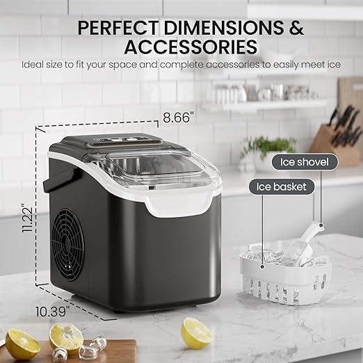 Kismile Countertop Ice Maker, 8 Cubes in 6 Mins, 26Lbs/Day Bullet Ice, Portable Ice Maker with 2 Sizes of Cubes, Self-Cleaning Ice Maker Machine with Basket & Scoop for Home/Kitchen/Office/Party