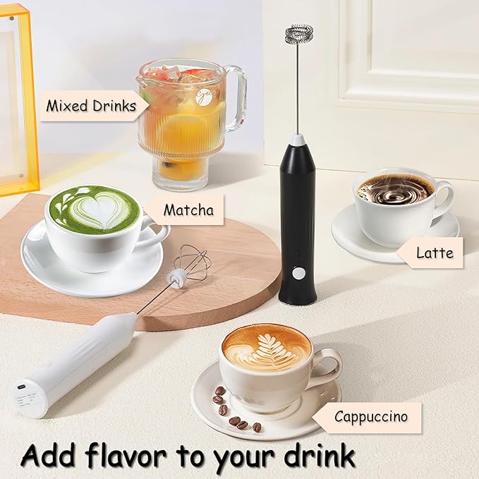 Rechargeable Milk Frother Wand 3 in 1, Handheld Drink Mixer Electric Whisk Stirrer Coffee Foam Frother with 3 Stainless Steel Whisks, 3 Speeds, USB-C Protein Powder Mixer for Cappuccino, Egg, White