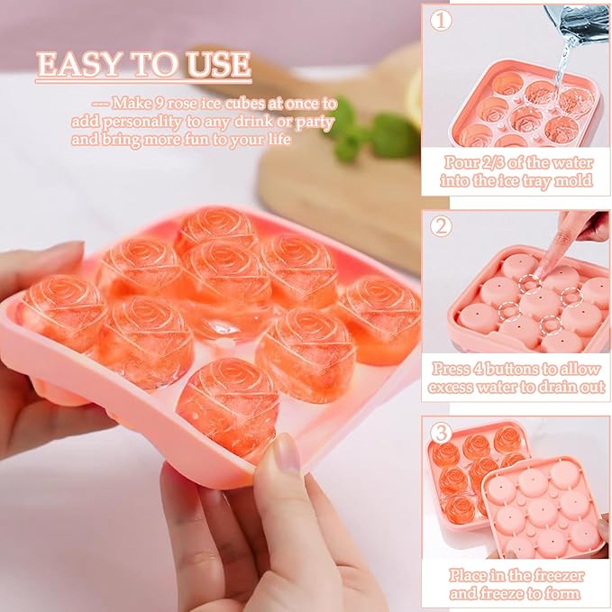 Ice Cube Mold with Lid, Silicone Rose Ice Cube Tray with Mini Tongs, Rose Ice Cube Trays for Freezer, Easy Release Ice Trays Maker, Make 9 Ice Ball Maker Mold Flower Ice Tray Mold for Cocktail