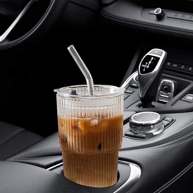 Glass Cups with Lids and Straws – 20oz Glass Tumbler with Straw and Lid, Reusable Iced Coffee Cup, Smoothie & Tea Glass, Ideal for Home, Office, Travel, 2 Pack