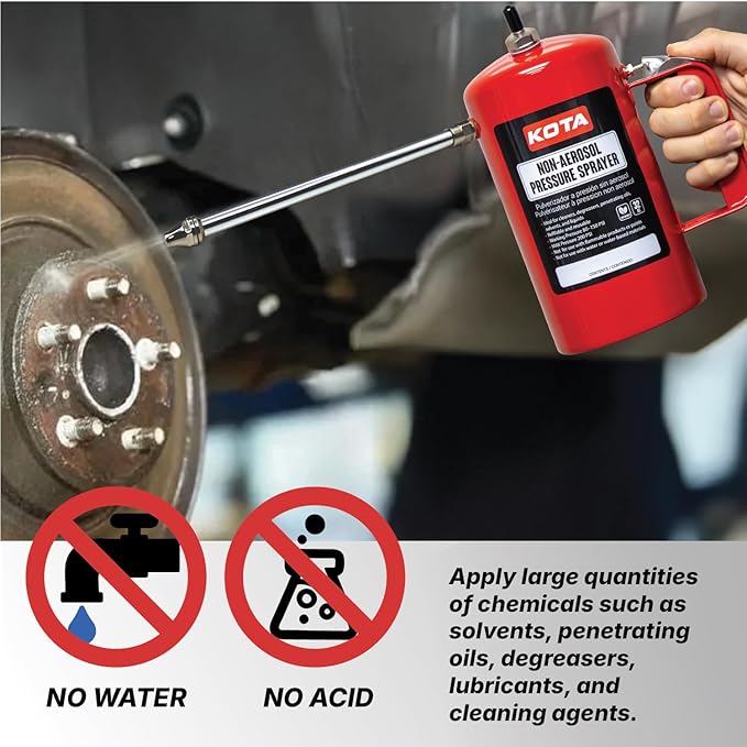 LAUCO Non Aerosol Pressure Sprayer - Refillable Pressurized Sprayer Bottle for Oil, Solvent, Degreasers, Lubricants - Rechargeable Steel Canister with Brass Nozzles, 32oz 69532