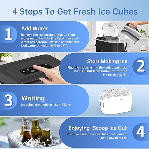 WIE Countertop Ice Maker, 26lbs/24H Portable Ice Machine with Handle,9 Bullet Ice Cubes in 6 Mins,Self-Cleaning Compact Icemaker with Selectable Ice Size for Home Kitchen/RV/Camping/Party, Black