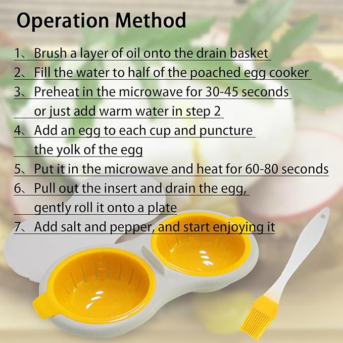 2 Cavity Microwave Egg Poacher, Microwavable Poached Egg Cooker with Lid & Handle Double Layer Microwave Egg Poacher Boiled Eggs Maker Poached Egg Cup for Breakfast with Oil Brush, Yellow