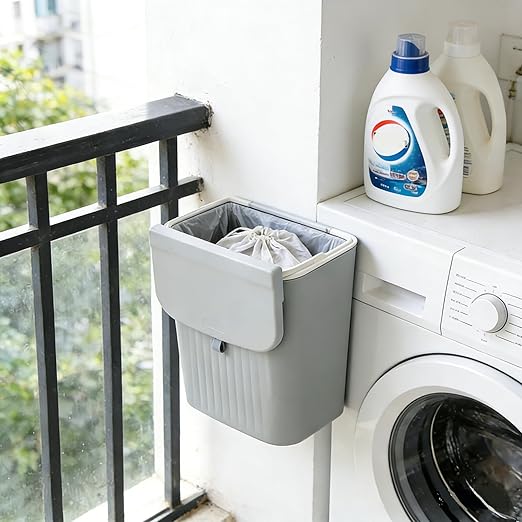 3.2 Gallon/12 L Plastic Wall Mounted Trash Can with Lid, Hanging Garbage Can for Cupboard, Bathroom(Gray)
