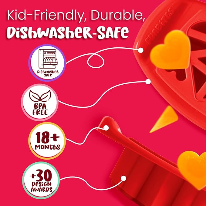 FUNBITES Crustless Sandwich Cutter for Kids Lunch (2-piece set), Uncrustable Sandwich Cutter, Bite-Size Food Cutter for Toddlers, Bento Box Accessories, BPA-FREE Dishwasher Safe, Red Hearts 1pk