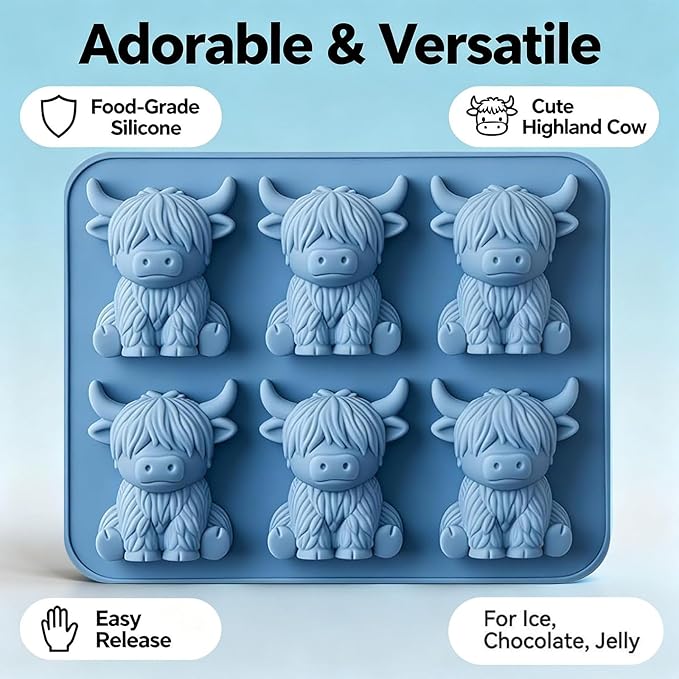Mini Highland Cow Ice Cube Mold, Cute 3D Silicone Cow Ice Cube Tray, Reusable Cattle Shaped Ice Mold for Cow Lovers, Parties & Bar Decor (1PCS)