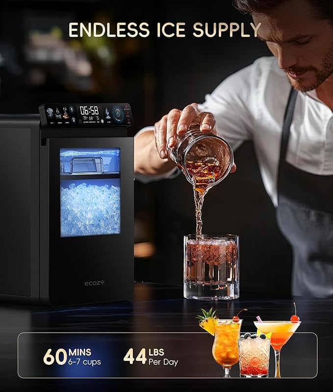 ecozy Nugget Ice Maker Countertop, Smart Pebble Ice Machine with APP Control, 44 lbs Per Day Soft Pellet Chewable Ice with Self-Cleaning, Black