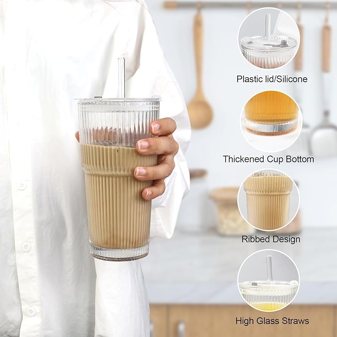 Ribbed Drinking Glasses ,with Lids and Glass Straws Glass Cup,19oz Glass cup,6 Pack Old Fashioned Glasses,Thickened glass for iced coffees,cocktails and juices, perfect for families and parties (2)