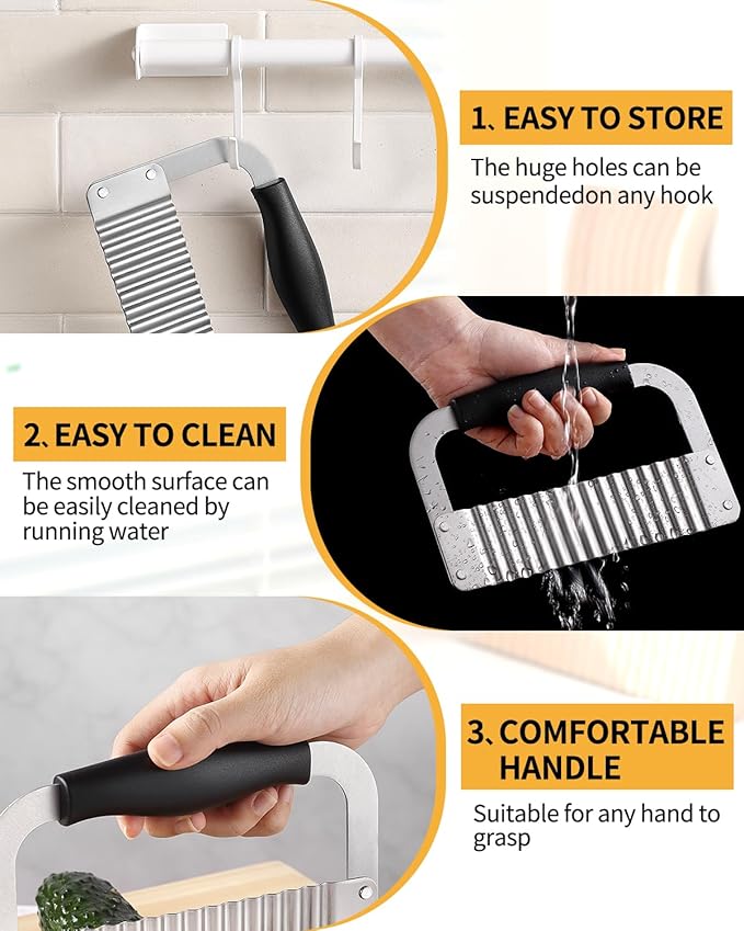 Crinkle Cutter Stainless Steel Potato Slicer Heavy Duty Wavy Crinkle Cutting Chopping Tools with Comfortable Handle for Carrot Veggies (2, Black)