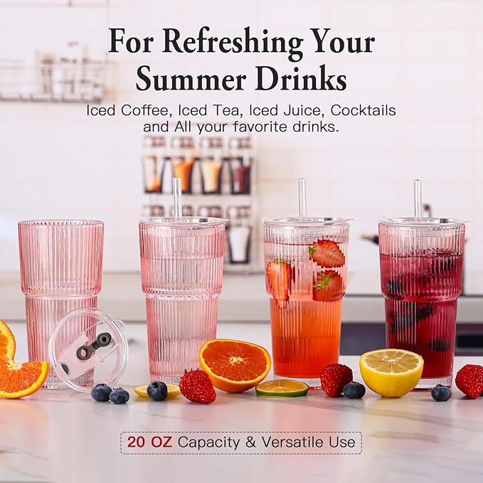 4PCS Pink Ribbed Glass Cups with Lids and Straws, 20oz Vintage Drinking Glasses, Aesthetic Iced Coffee Cups, Glass Tumbler for Boba, Beer, Tea, Cocktails, Ribbed Glassware Set,Pink