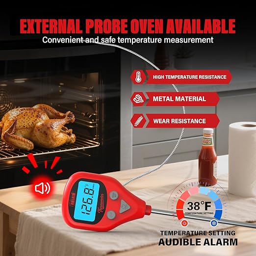 AWLKIM Digital Meat Thermometer with 40-Inch Leave-in External Probe, Rechargeable Instant Read Food Thermometer for Grill BBQ Smoker Oven Kitchen, IP67 Waterproof, Audible Alarm & Hold Function
