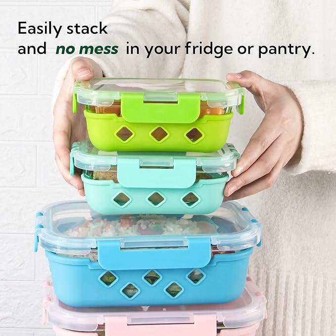 10 Pack Glass Meal Prep Containers with Removable Silicone Sleeves,Food Storage Container Set with Airtight Lids (34oz+12oz)