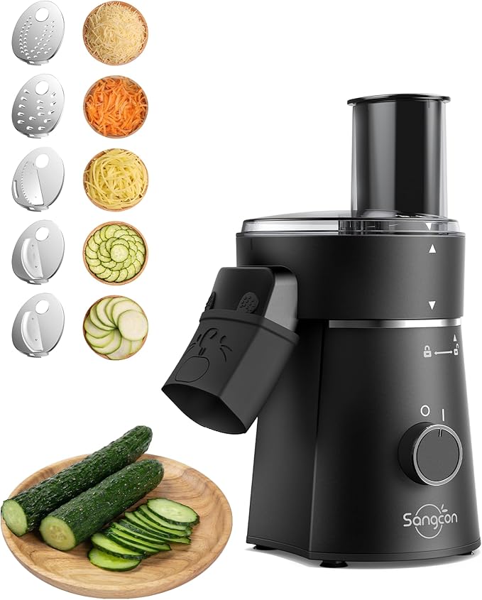 Sangcon Electric Cheese Grater for Block Cheese, 5-in-1 Automatic Salad Shooter & Vegetable Slicer with 5 Stainless Steel Blades, One-Touch Electric Grater for Cheese, Vegetables, Fruits & Nuts
