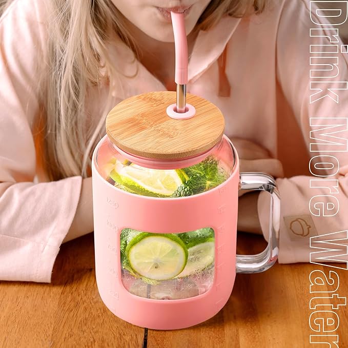 WINSA 50 oz Glass Water Bottles with Silicone Sleeve,Glass Tumbler with Lid and Straw,Iced Coffee Cup with Handle,BPA Free-Pink