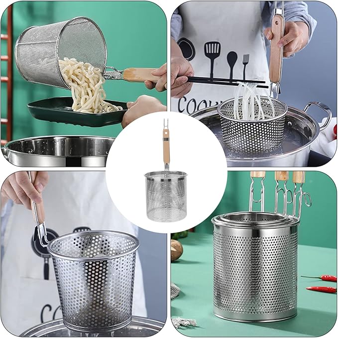 STOBAZA Wooden Handle Pasta Strainer Scoop 15.94 Inch Colander for Hot Pot Noodles Vegetables Kitchen Gadget