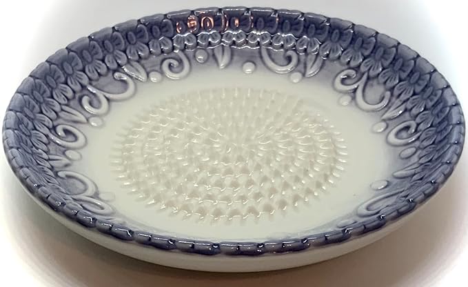 BonCera, All-in-one Premium Ceramic Garlic Grater Plate 4-Piece Set - Purple Embossed Design and Style - For Garlic, Ginger, Chocolate, and more! - Comes with 5.25" Plate, Peeler, Brush, and Stand