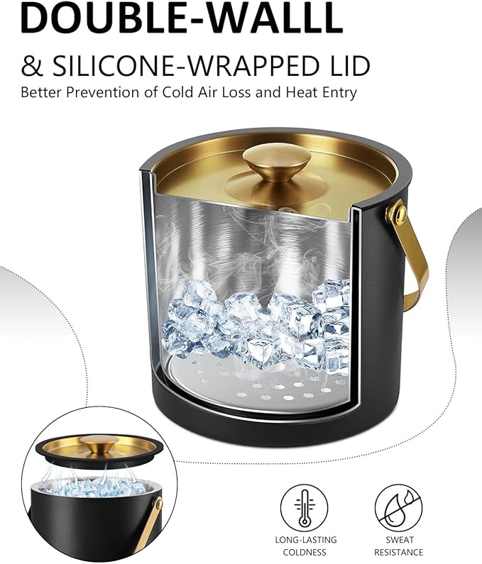 Bakpoco 3L Ice Bucket with Silicone Lid, Scoop, Gold Tongs & Strainer, Stainless Steel Double Wall Insulated Ice Buckets for Parties & Cocktail Bar, Outdoor Champagne Ice Container Bin, Black