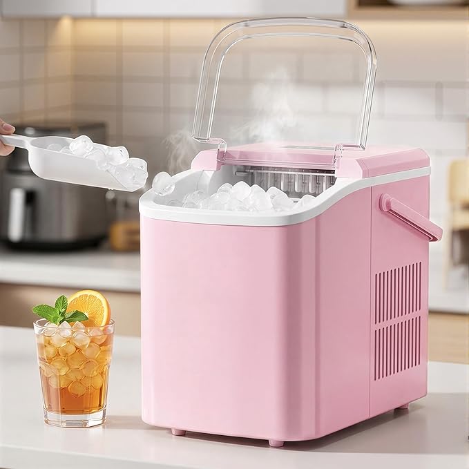 Ice Maker, Portable Ice Makers Countertop with Handle, Basket & Scoop, 26Lbs/24Hrs, 9 Bullet Ice Cubes in 6 Mins, 2 Ice Sizes, Self-Cleaning, Quiet Compact Ice Machine for Home Kitchen Party, Pink