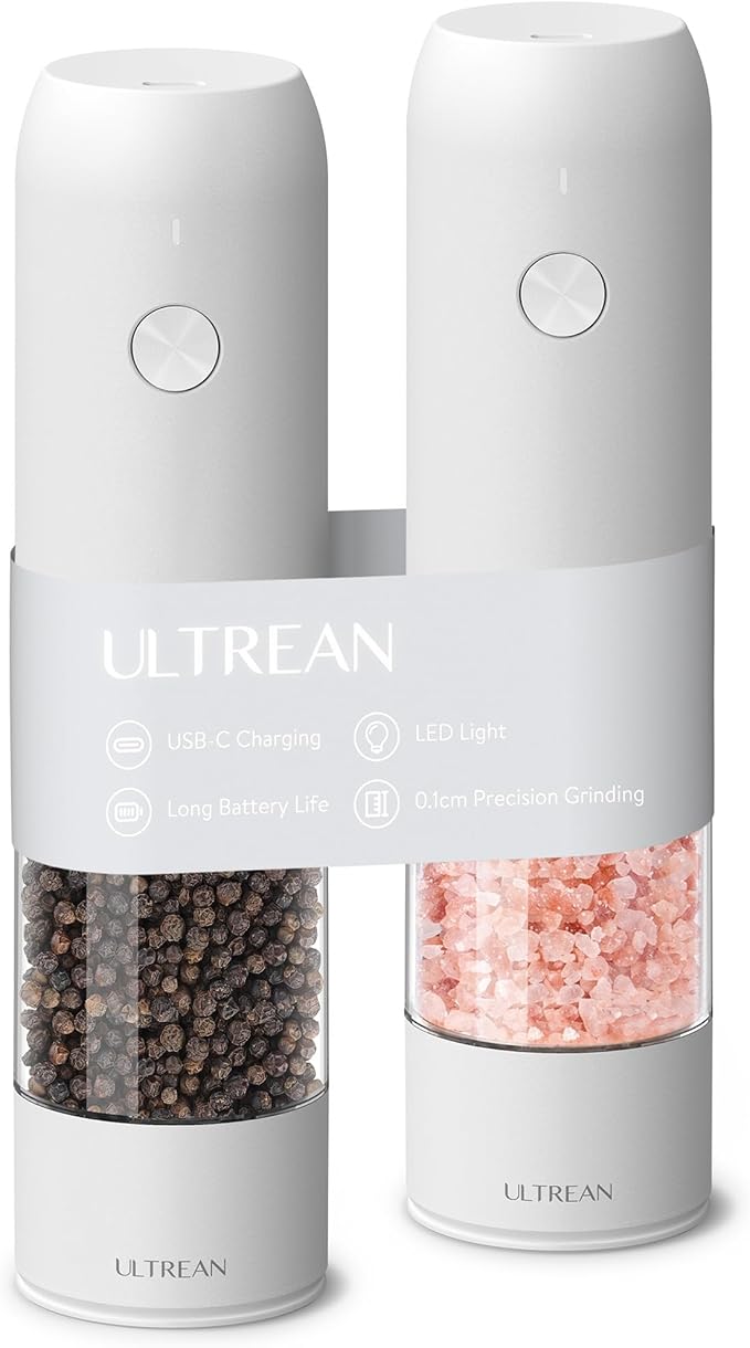 Ultrean Electric Pepper Grinder, Rechargeable Salt and Pepper Grinder with 6 Adjustable Coarseness, LED Light, Automatic Grinder for Kitchen, Kitchen Gadget & Housewarming Gifts, White