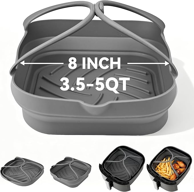 Silicone Air Fryer Liners with Handles: 8.3 Inch Square Reusable Airfryer Basket Liner for 3.5-5 Qt - Baking Tray Insert Cooking Air Fryer Accessories for Cosori Philips Ninja Instant Vortex And More