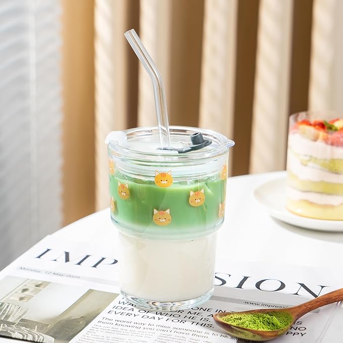 Olvini 13oz Glass Tumbler with Straw and Lid, Reusable Iced Coffee Cup Tumbler, Cute Glass Cups for Water, Matcha, Travel Coffee Mugs (Cute Cat - 13oz)