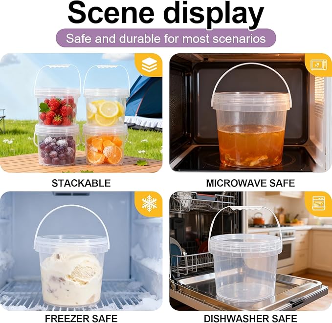 6 Pack 1 Gallon Food Grade Plastic Buckets with Screw Lids & Handle, Reusable Storage Containers for Snacks, Salad, Sauce - Clear Freezer Safe Bucket Set (Transparent)