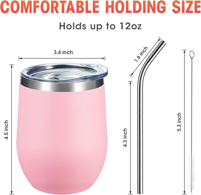 COMOOO Stainless Steel Wine Tumbler Glass Bulk with Lid and Straw 12oz Double Wall Vacuum Insulated Travel Tumbler Cup Stemless for Hot and Cold Drinks, Coffee, Wine, Cocktails, Pink, 8 Pack