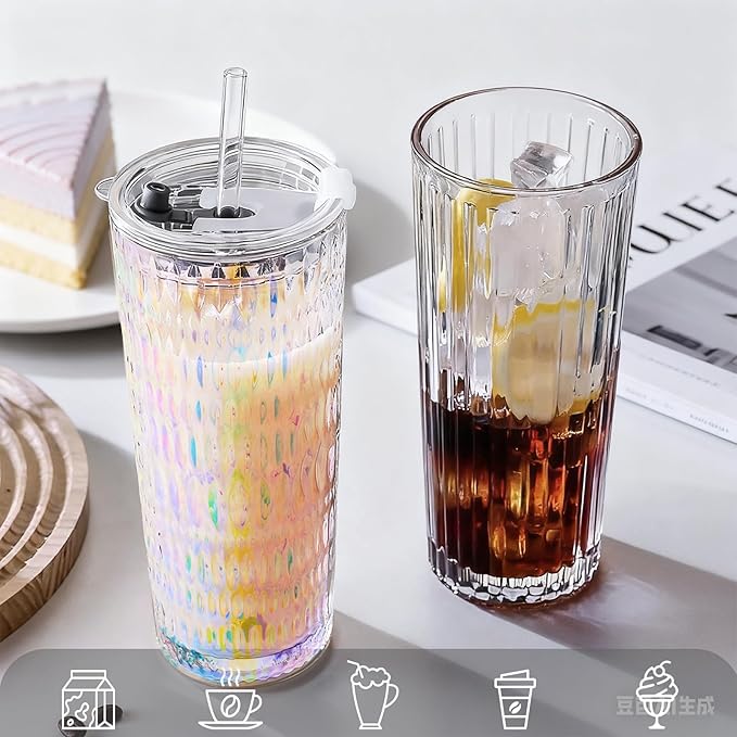 Puraville 2 Pack 18oz Glass Cups with Lids and Straws, Vintage Diamond Pattern Thickened Glassware for Whiskey Cocktail Beer, Mason Jar Drinking Glasses Tumbler Iced Coffee Cup, Rainbow