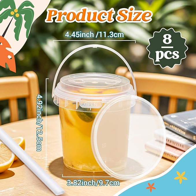 Clear Plastic Cups with Lid and Straw, Reusable Drink Bucket with Handle for Iced Coffee, Smoothie, Ice Cream - Sturdy Food Safe Party Cups for Pool, Beach, Birthday Parties (8, 32 oz)