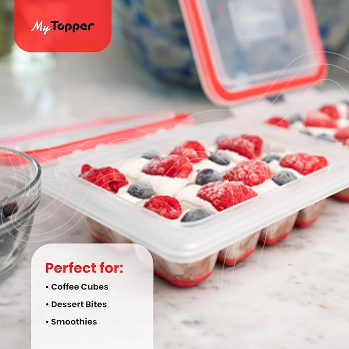 IceTopper Plus Ice Cube Tray with 2 Attached Lids - Easy Release Ice Cube Molds, 16 Cubes per Tray, Stackable & Dishwasher Safe, 100% Food Grade Silicone, BPA Free & Recyclable (2 Pack)