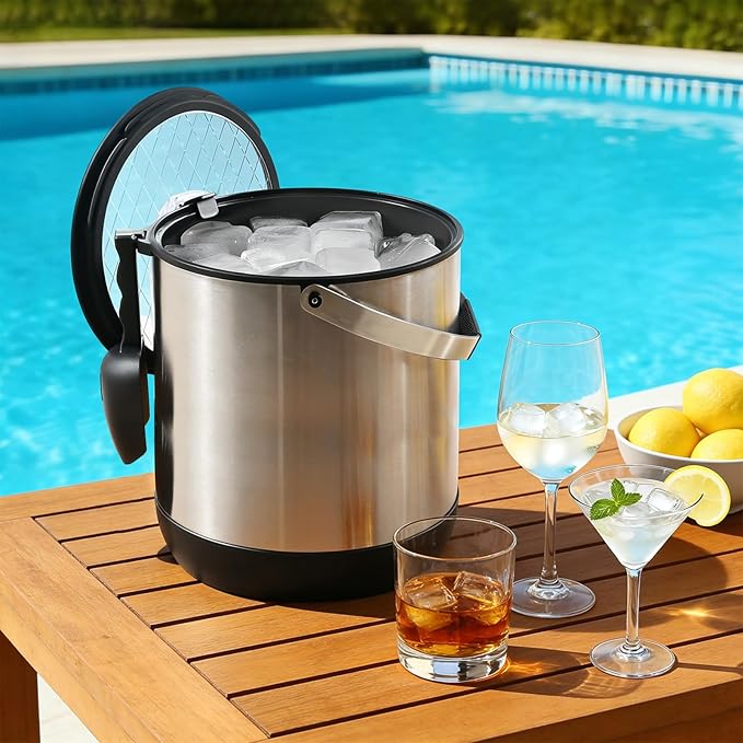 7QT/6.8L Large Insulated Ice Bucket for Parties, Double-Wall Beverage Bucket with Scoop & Lid,Keeps Champagne, Wine, Beer Chill for Parties (Black)