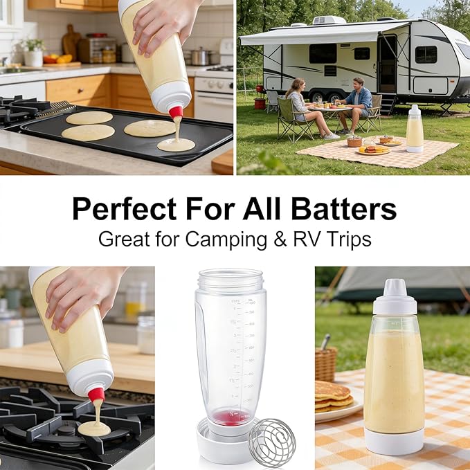 2 Pack Pancake Batter Dispenser & Mixer Bottle with Wire Whisk Ball - Squeeze Dispenser for Batter, Waffles, Cupcakes, Crepes - Heat Resistant Silicone Tip, BPA Free Baking Tool for Blackstone Griddle