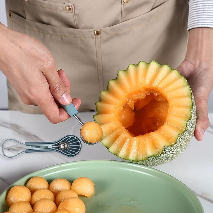 6-in-1 Melon Fork Slicer Cutter, Melon Baller Scoop Set, Watermelon Slicer Tool, Stainless Steel Fruit Cutter, Seed Remover, Fruit Fork for Camping Kitchen Gadgets (6-in-1-blue)