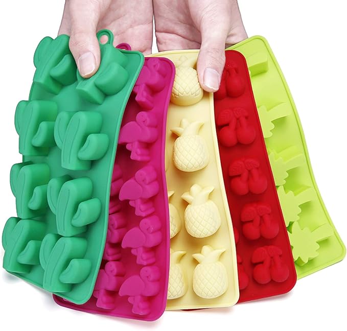 Fewo 5 Pack Hawaiian Tropical Themed Ice Cube Tray Summer Silicone Molds for Chocolate Candy Gummy Fruit Snack Fat Bomb Jello Mini Soap Crayon Melt (Cactus Pineapple Flamingo Coconut Tree Cherry)