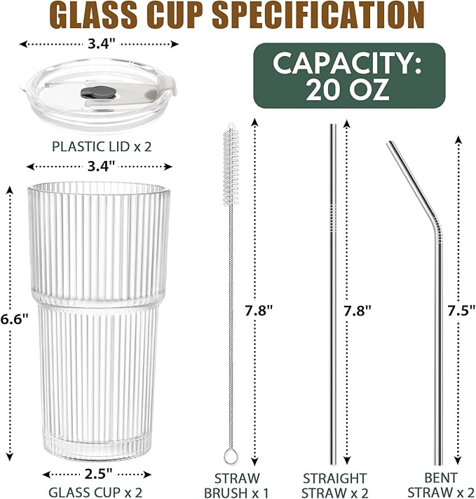 HIGIINC Iced Coffee Cups with Lids and Straws 2 Pcs，20 OZ Glass Cups with Lids and Straws, Clear Ribbed Glass Tumbler Reusable Drinking Glasses for Matcha, Smoothie, Cocktail,Latte
