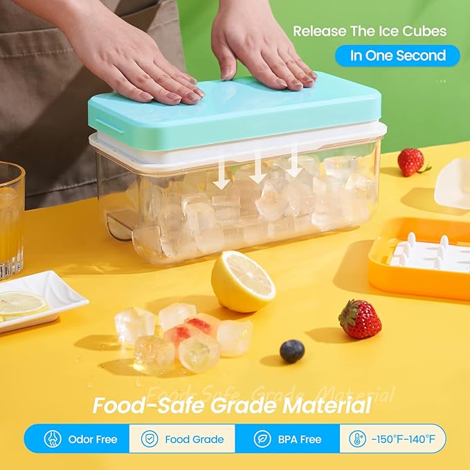 Ice Cube Tray with Lid and Bin, PHINOX 96 pcs Ice Trays for Freezer, Ice Cube Trays for Freezer with 3 trays, Container, Lid & Ice Scoop, BPA Free