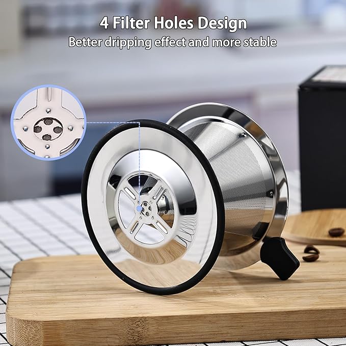 Pour Over Coffee Filter Dripper, Stainless Steel Metal Cone Drip Coffee Filter, Paperless and Permanently Reusable, Double Mesh Coffee,Tea Filter for 1-3 Cup