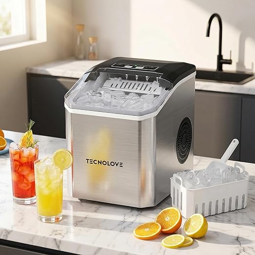 Countertop Ice Maker, 9 Ice Cubes in 10 Minutes, Self-Cleaning Portable Ice Machine with Scoop and Basket, 28lbs/24H, Ultra Quiet Stainless Steel for Home Kitchen Bar Party