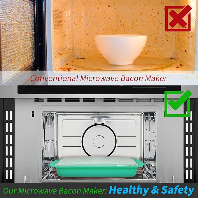 MMUGOOLER Microwave Easy Bacon Maker/Cooker with Lid, Safety, Quick and with No Mess, 11.3“ L x 9.0" W x 2.4" H- Blue