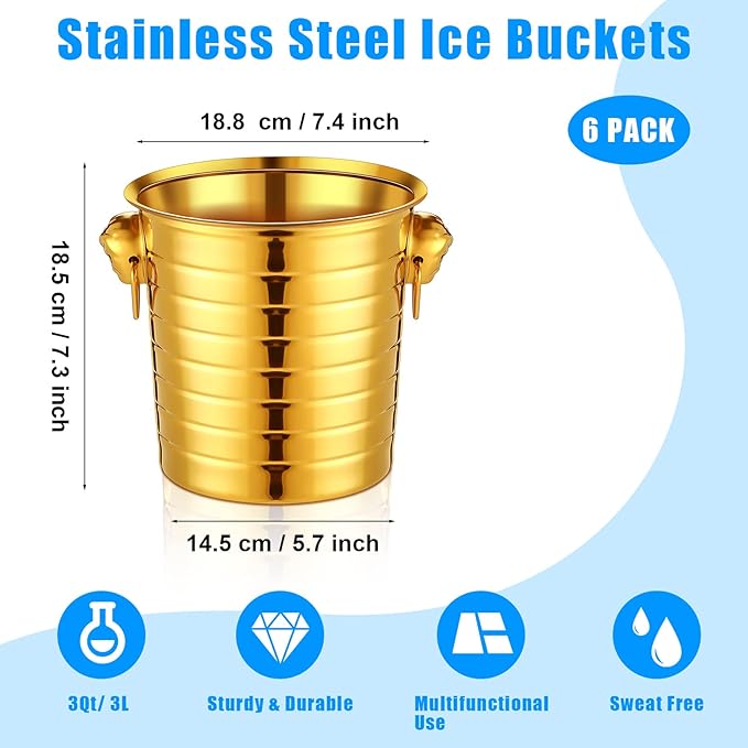 Pinkunn 6 Pack Stainless Steel Champagne Bucket 3 Qt Metal Ice Bucket Double Wall Wine Buckets with Handles Party Beverage Chiller for Champagne Beer Cocktail Wine Drinks Home Bar Accessories (Gold)
