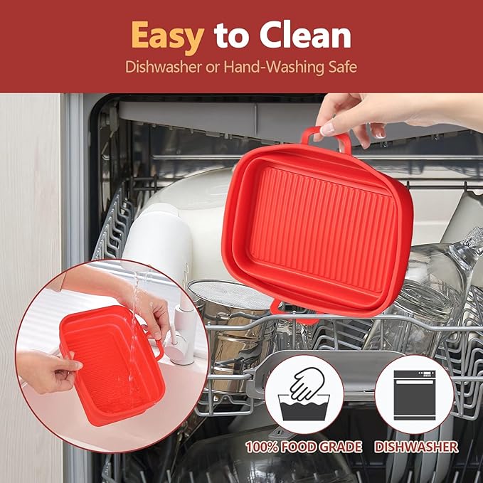 Collapsible 2-Pack Air Fryer Silicone Liners for 10QT NINJA Foodi Dual, Reusable Rectangular Silicone Basket Pot for Air Fryer Accessories (Red)
