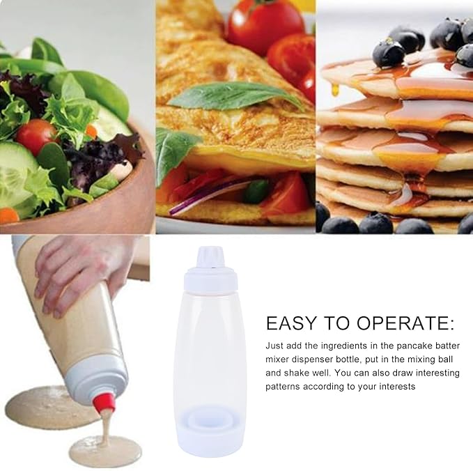 Effortless Pancake Batter Dispenser | 1000ML Squeeze Shaker with Mixing Ball & Wire Whisk | No Lump, Non Stick | Ideal for Crepes, Waffles & Baking