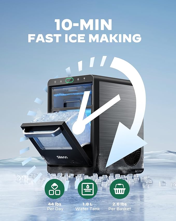Nugget Ice Maker Countertop - Silonn Smart Pebble Ice Machine, Pellet Ice 44 lbs per Day, Crushed Ice from Timer Function and Status Alerts with Silonn App, Stainless Steel