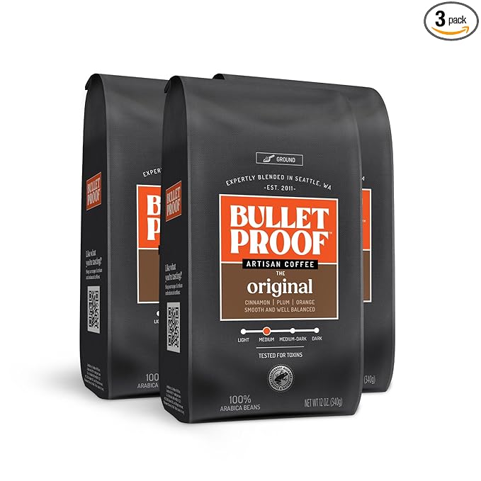 Bulletproof Original Medium Roast Ground Coffee, 100% Arabica Coffee, Tested for Toxins, Clean Coffee Sustainably Sourced, 12 Ounces (3 Pack)