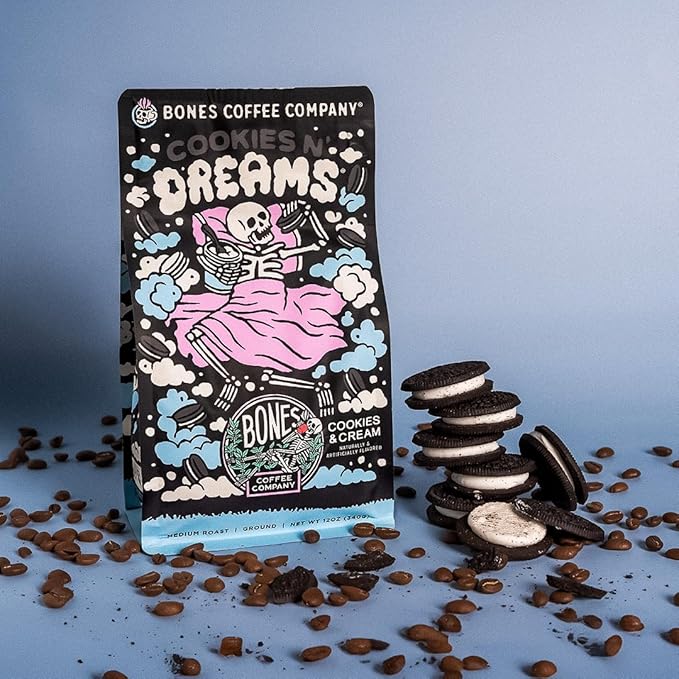 Bones Coffee Company Cookies 'N Dreams Cookies and Cream Flavored Coffee, Medium Roast Low Acid Arabica Beans Compatible with Auto drip and French Press Coffee Maker, 12 Oz Ground